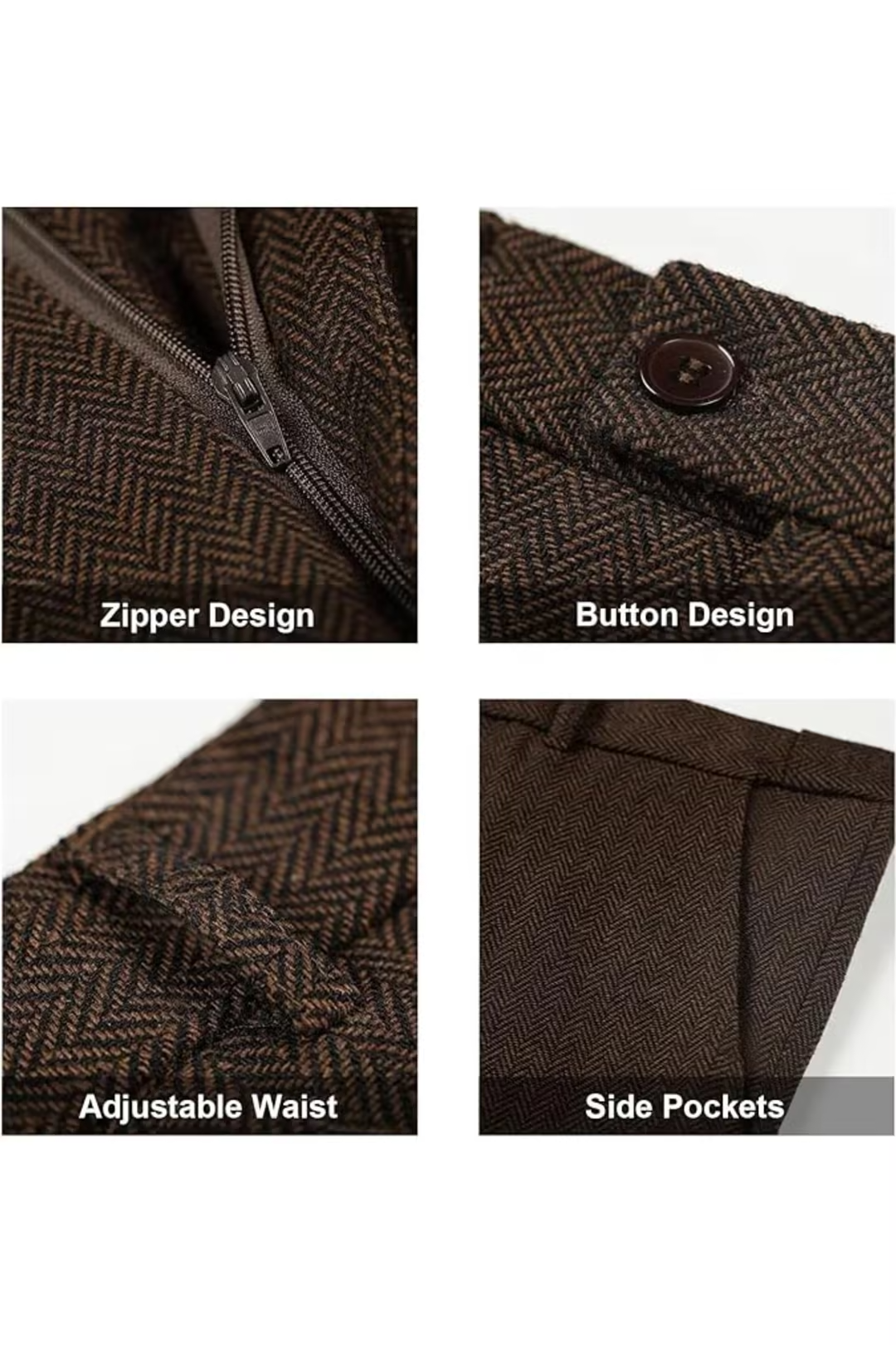 zipper, buttons, and side pockets on dark brown herringbone suit pants – tailored detail shots