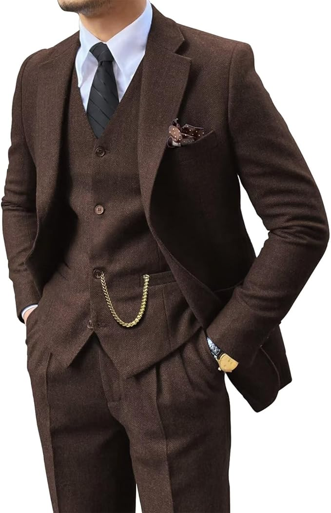 angled upper body close-up of slim fit dark brown herringbone suit for men with vest and tie