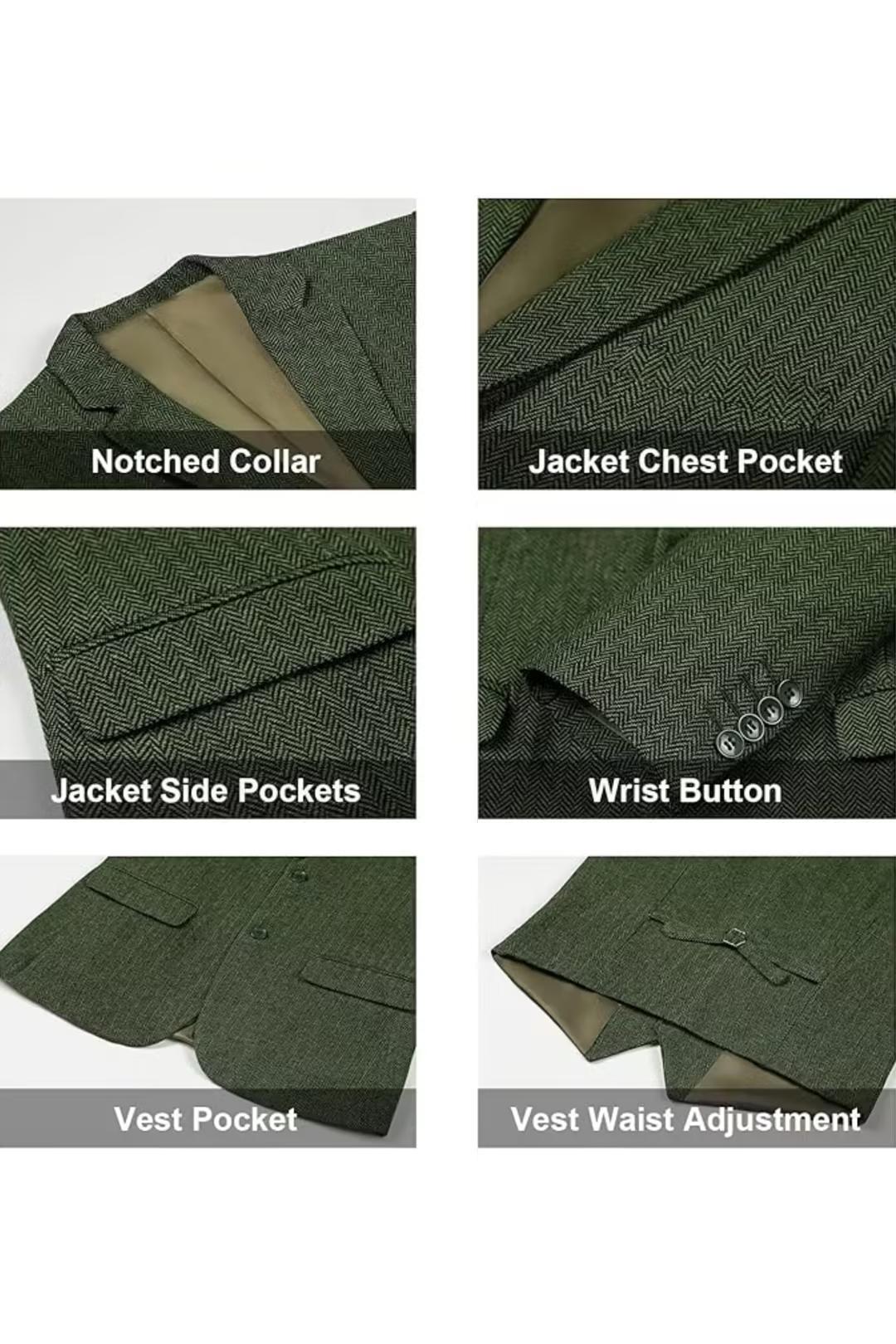 notch lapel and chest pocket details on green herringbone tweed blazer – close-up elements