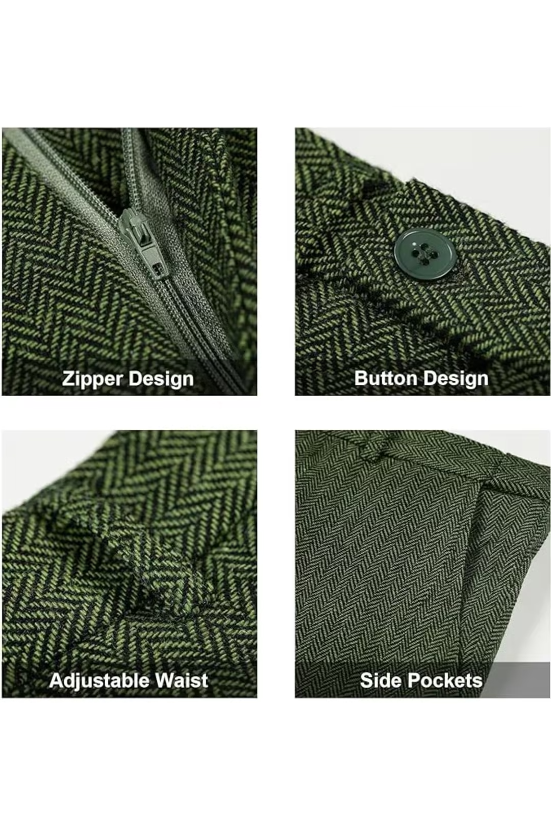 zipper, buttons, and side pockets on green herringbone suit pants – tailored detail shots