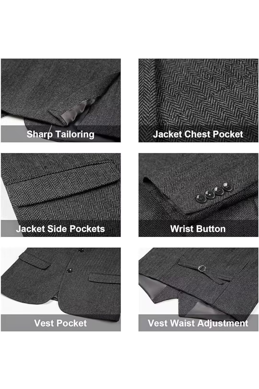 notch lapel and chest pocket details on grey herringbone tweed blazer – close-up elements