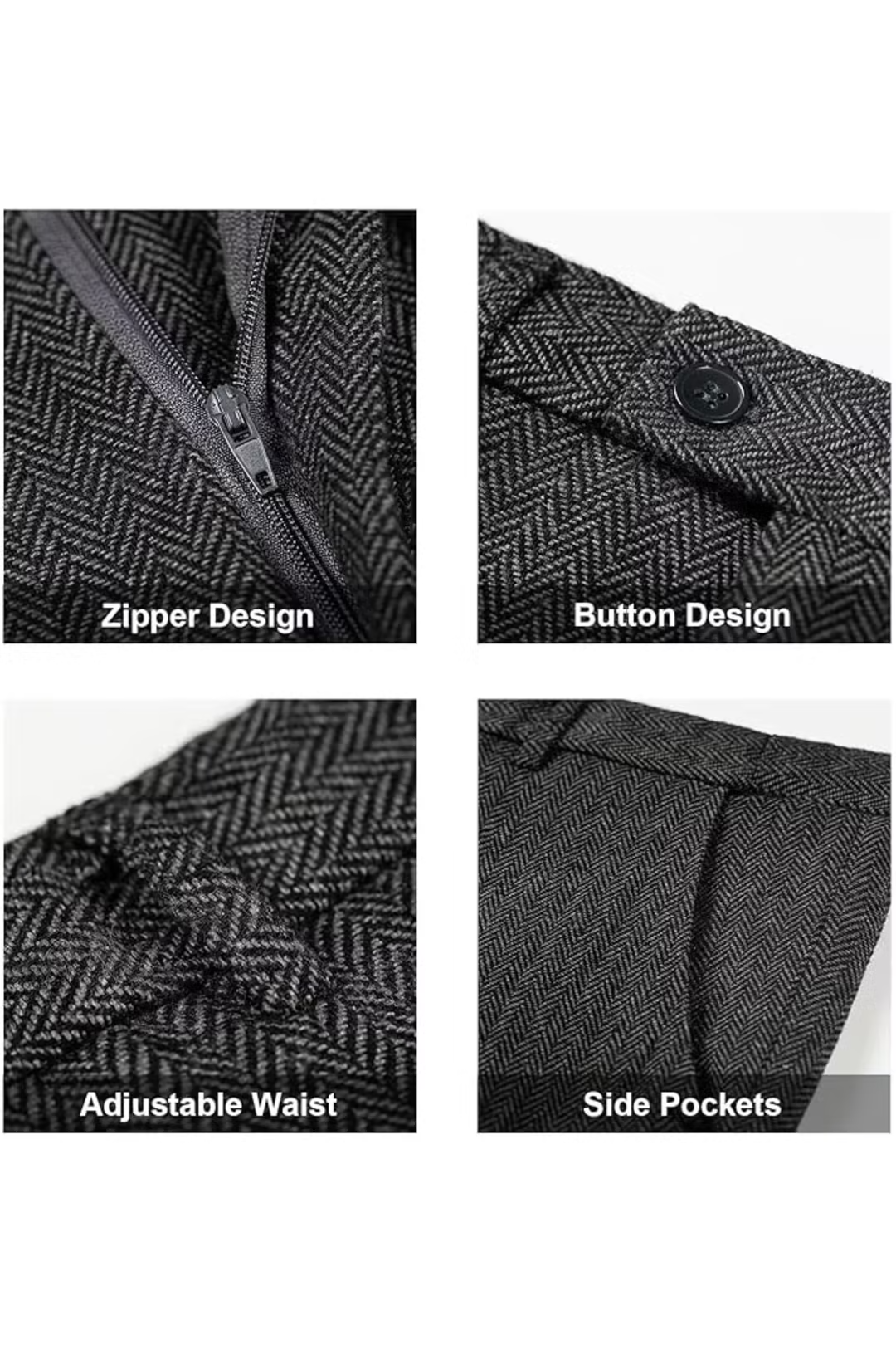 zipper, buttons, and side pockets on grey herringbone suit pants – tailored detail shots