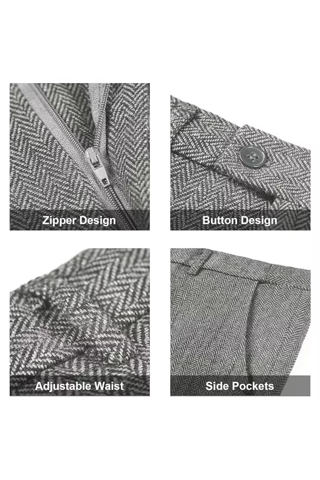 zipper, buttons, and side pockets on light grey herringbone suit pants – tailored detail shots