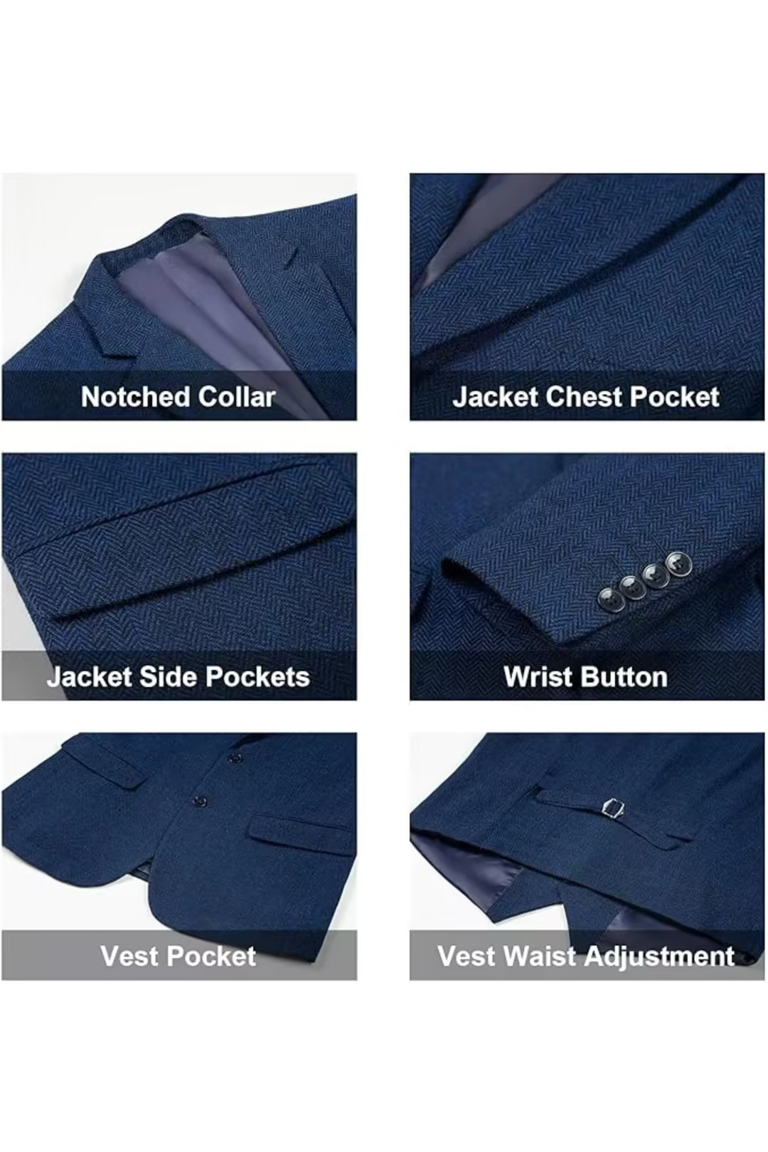notch lapel and chest pocket details on navy herringbone tweed blazer – close-up elements