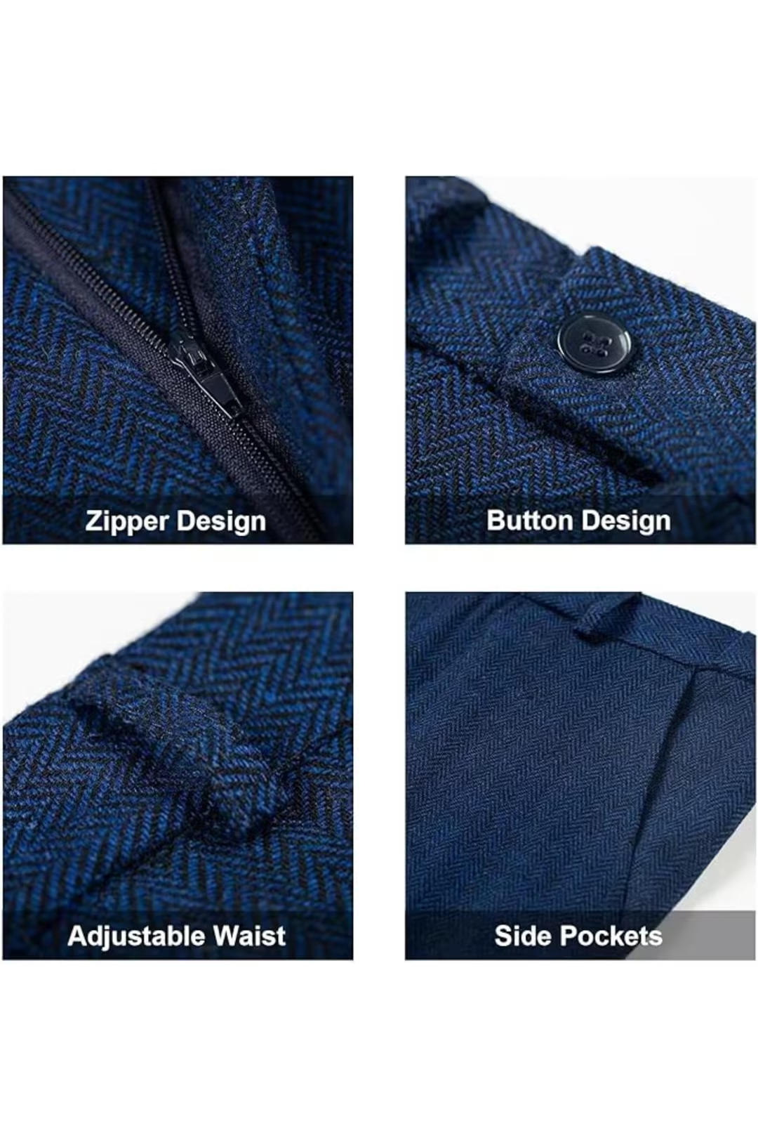 zipper, buttons, and side pockets on navy herringbone suit pants – tailored detail shots