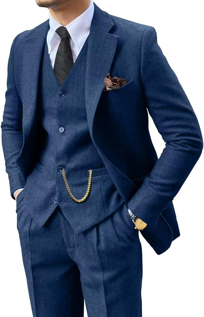 front view of navy herringbone tweed 3 piece suit with notch lapel and vest for men