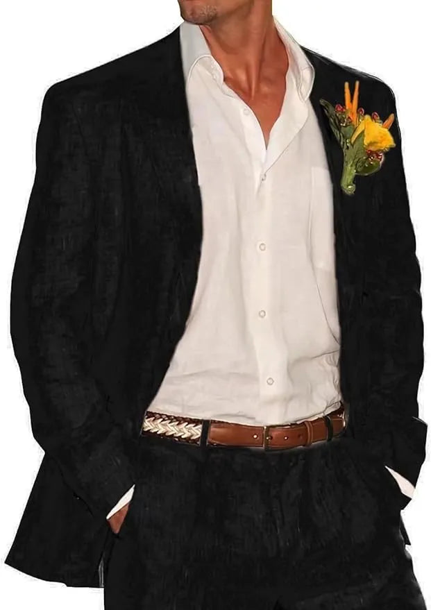 Elegant black linen 2 piece summer suit – blazer and trousers styled for casual beach event