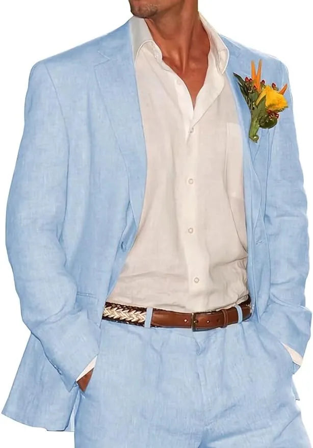 Elegant light blue linen 2 piece summer suit – blazer and trousers styled for outdoor beach event