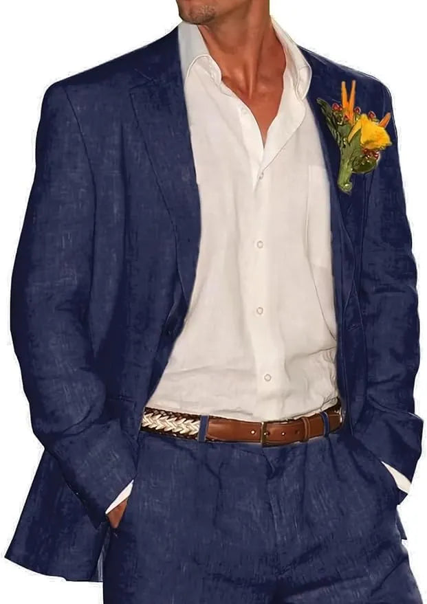Navy blue linen 2 piece men's suit with peaked lapel blazer and trousers styled with white shirt for wedding