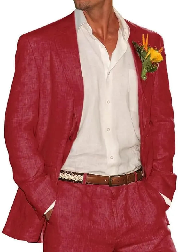 Red linen 2 piece men's suit with peaked lapel blazer and trousers styled with white shirt for wedding