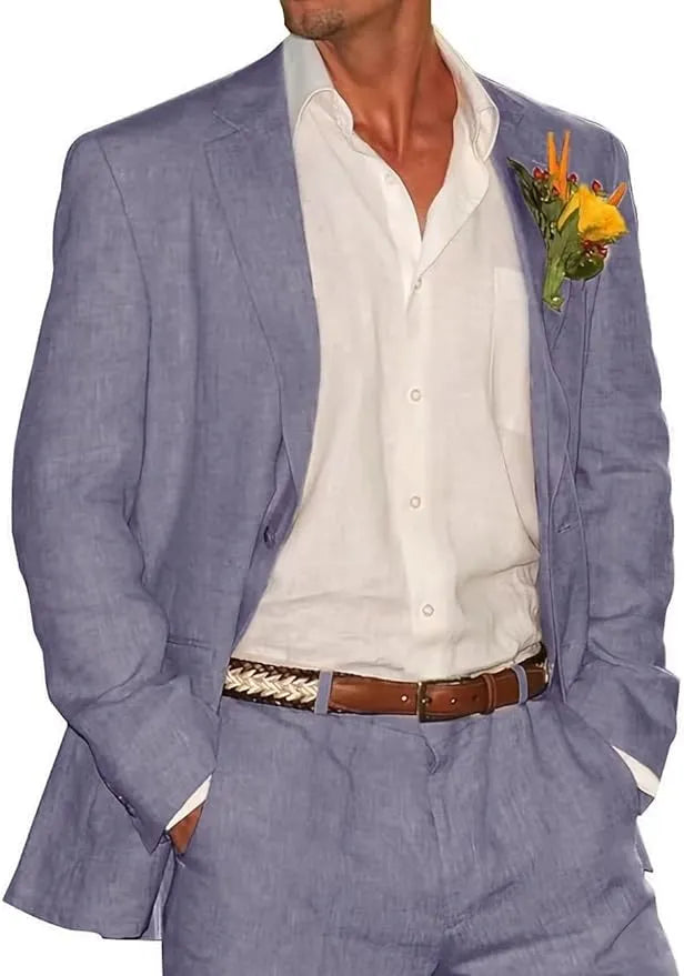 Elegant wisteria linen 2 piece summer suit – blazer and trousers styled for outdoor beach event