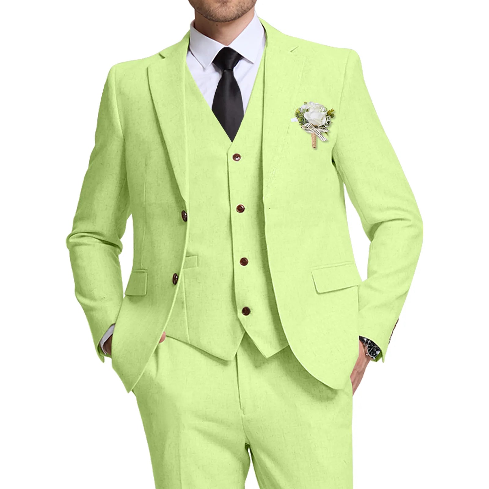 Wehilion® ™ apple green linen wedding suit for men – front view with blazer, vest, and pants