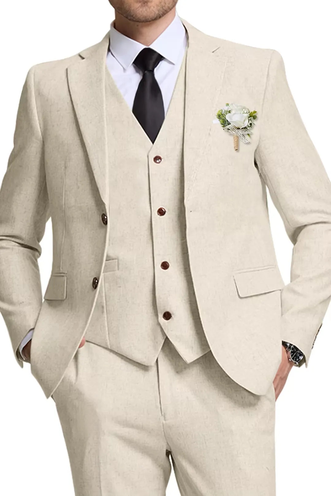 Beige Linen 3 Piece Wedding Suit for Men – Slim Fit Blazer, Vest & Pants – Wehilion® ™