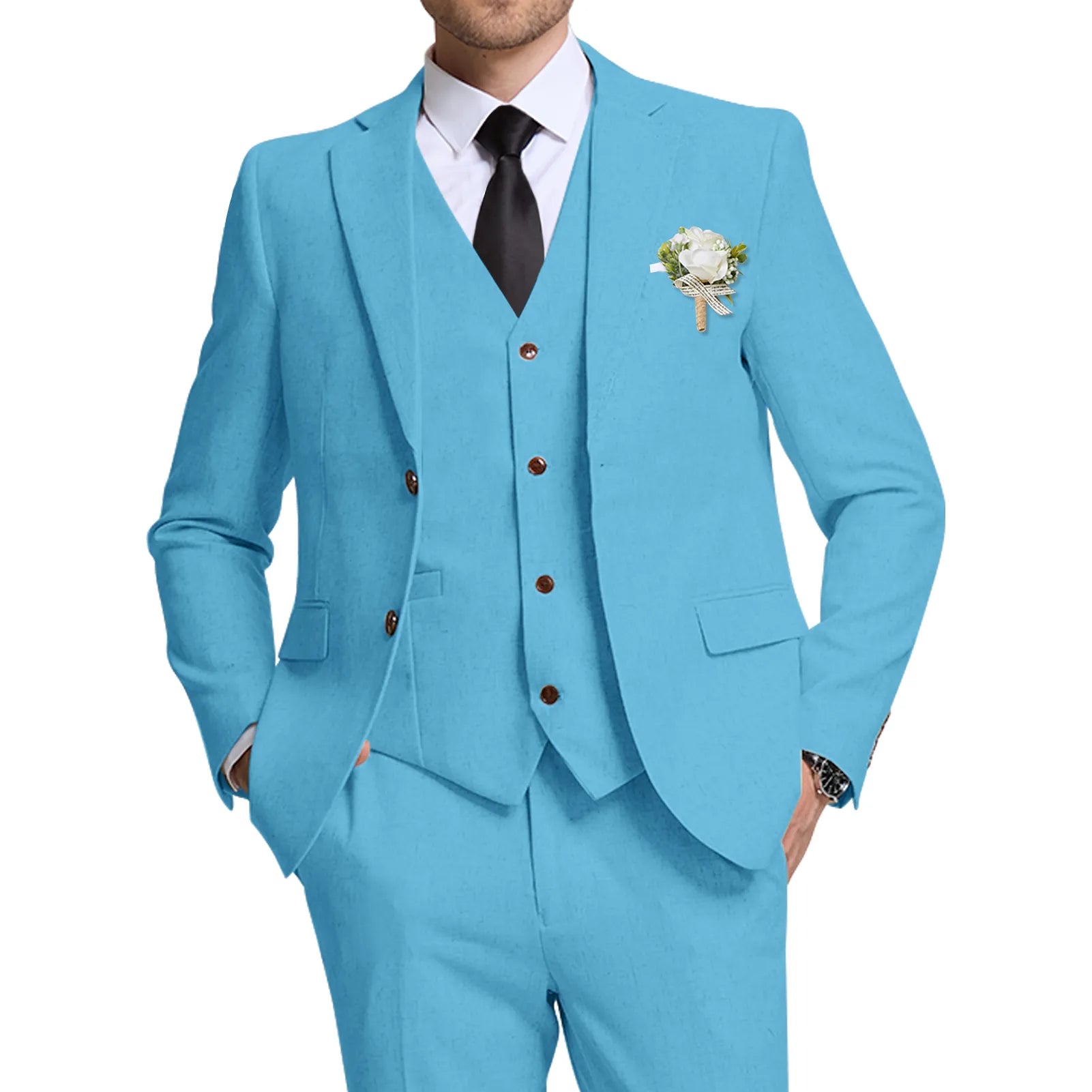 Wehilion® ™ blue linen wedding suit for men – front view with blazer, vest, and pants
