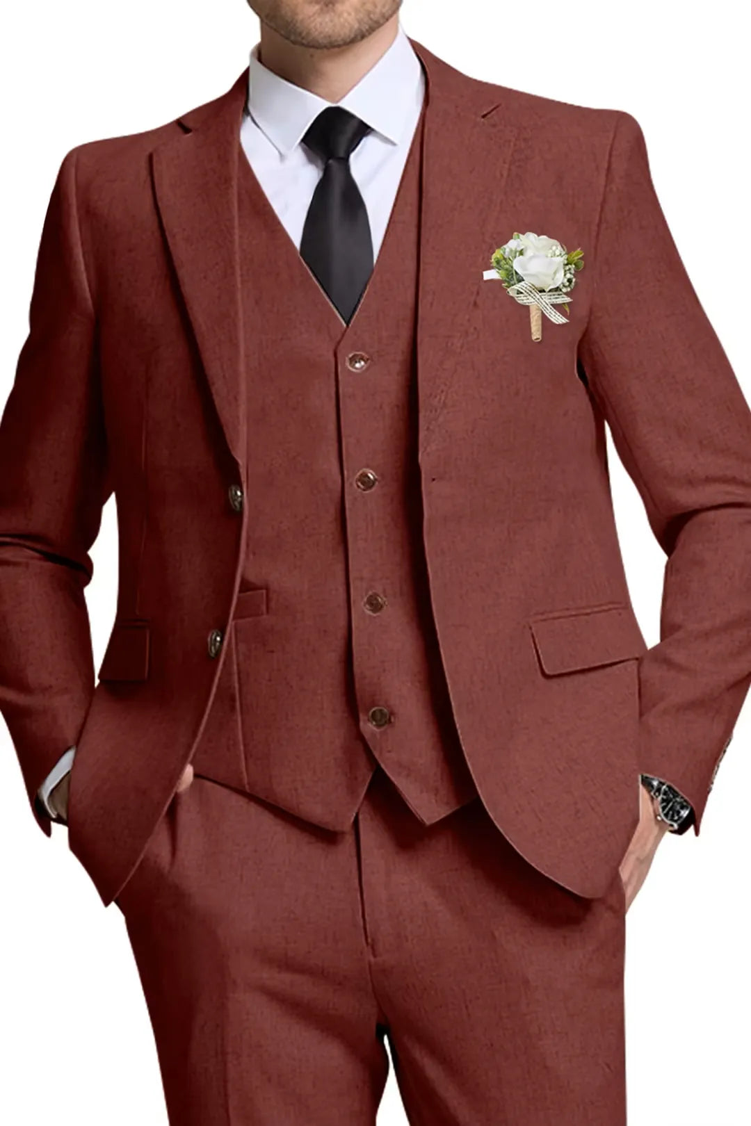 Burgundy Linen 3 Piece Wedding Suit for Men – Slim Fit Blazer, Vest & Pants – Wehilion® ™