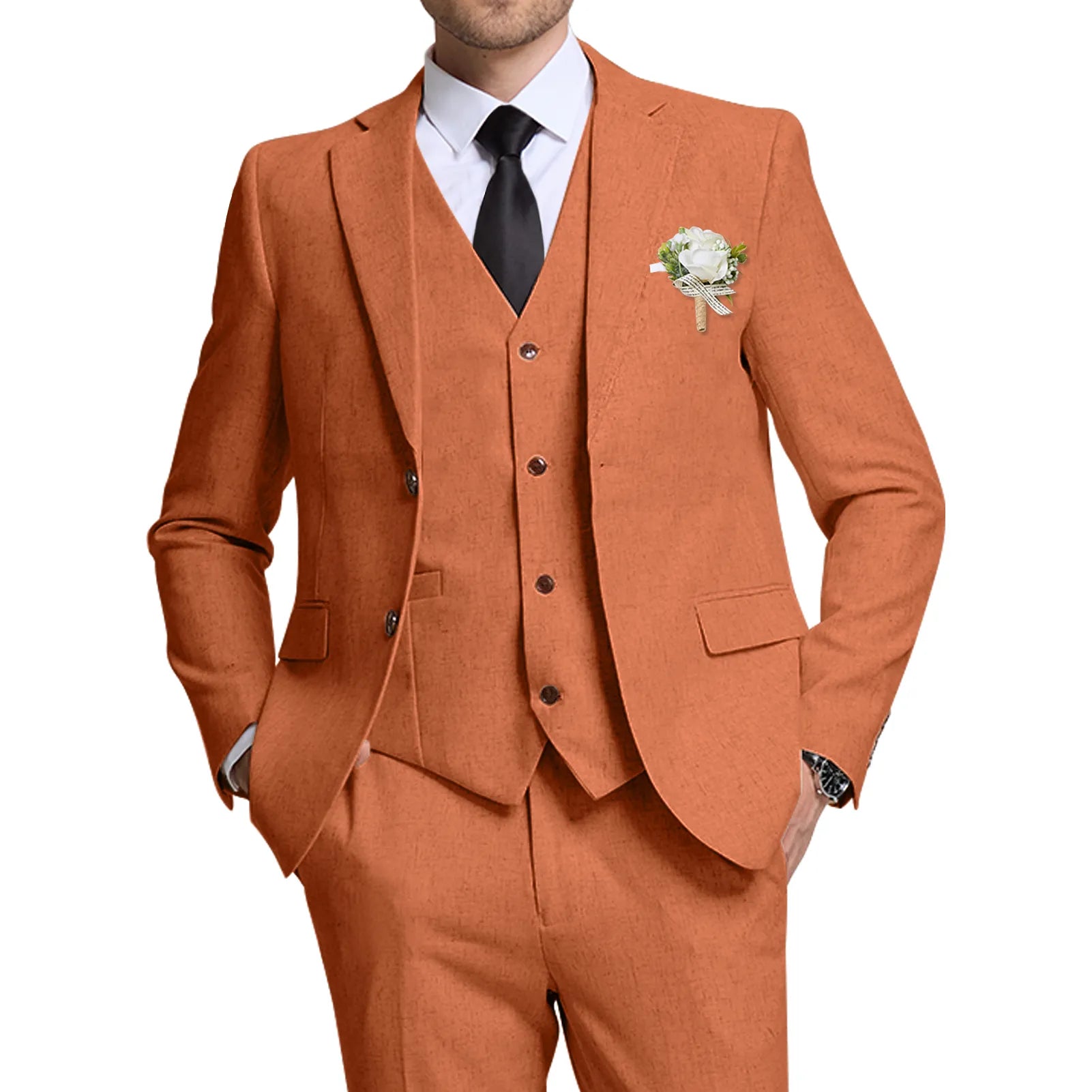 Wehilion® ™ burnt orange linen wedding suit for men – front view with blazer, vest, and pants