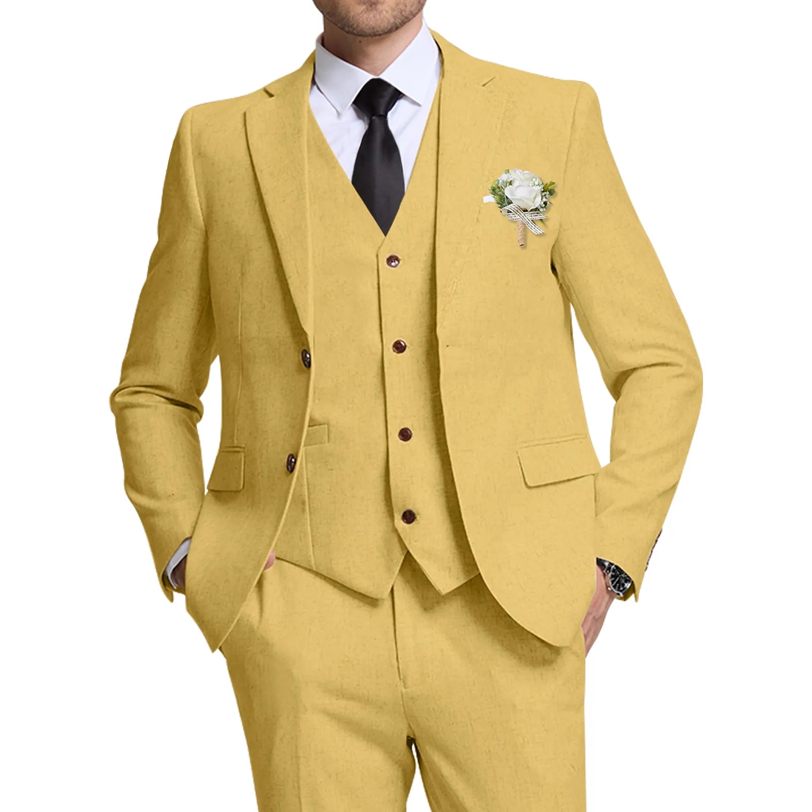 Wehilion® ™ dark yellow linen wedding suit for men – front view with blazer, vest, and pants