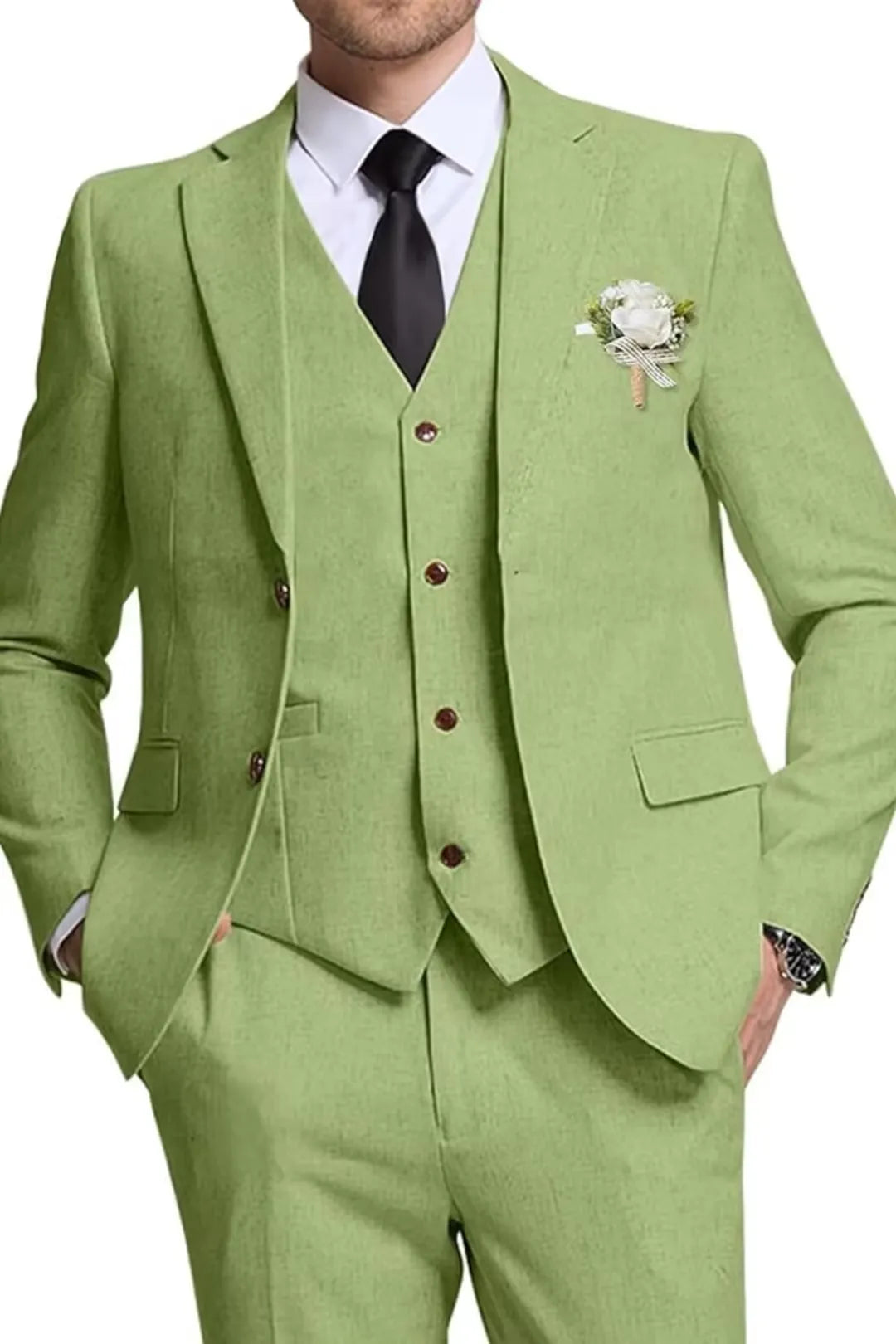 Grass Green Linen 3 Piece Wedding Suit for Men – Slim Fit Blazer, Vest & Pants – Wehilion® ™