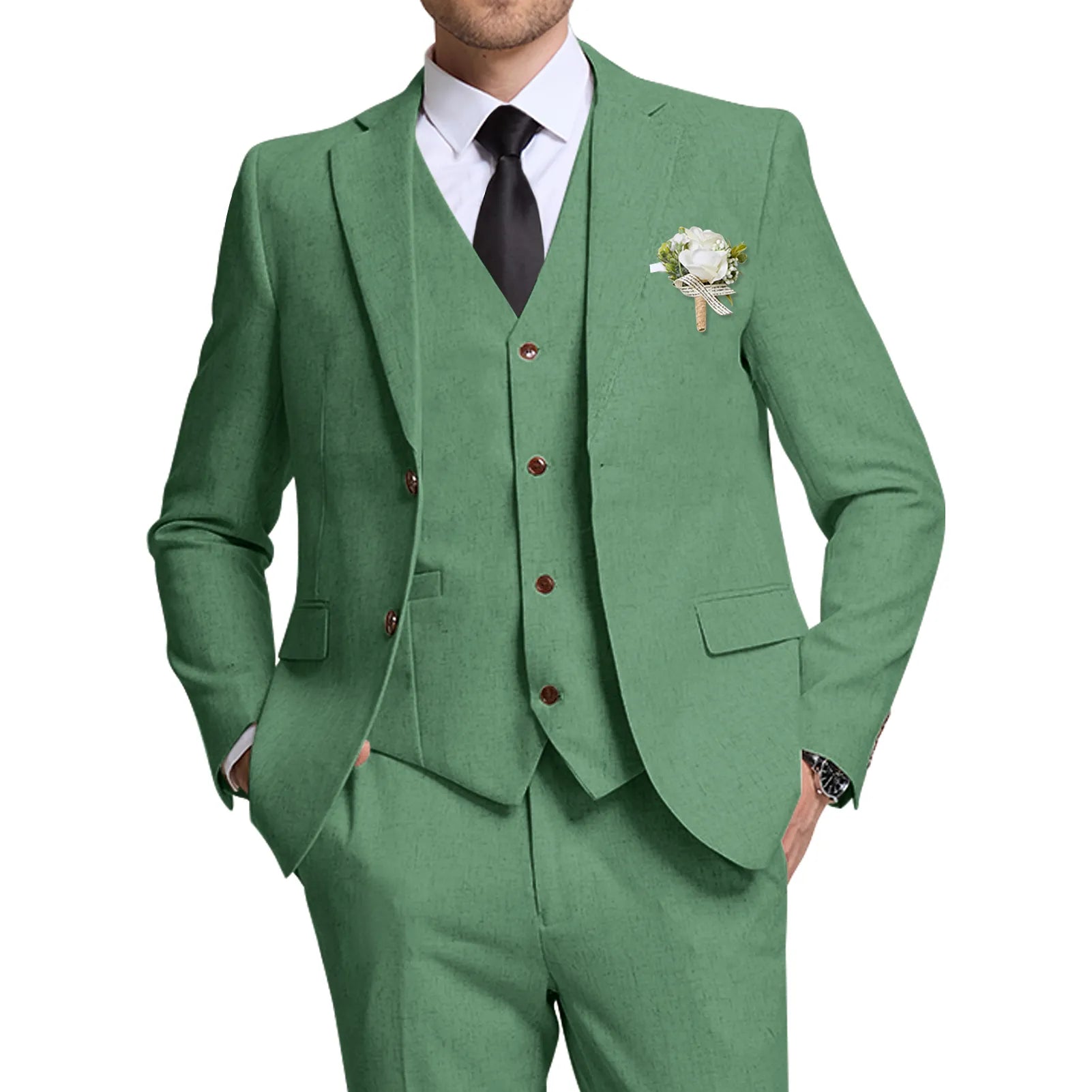 Wehilion® ™ green 3 piece summer suit for men – close-up of breathable linen fabric and floral boutonniere