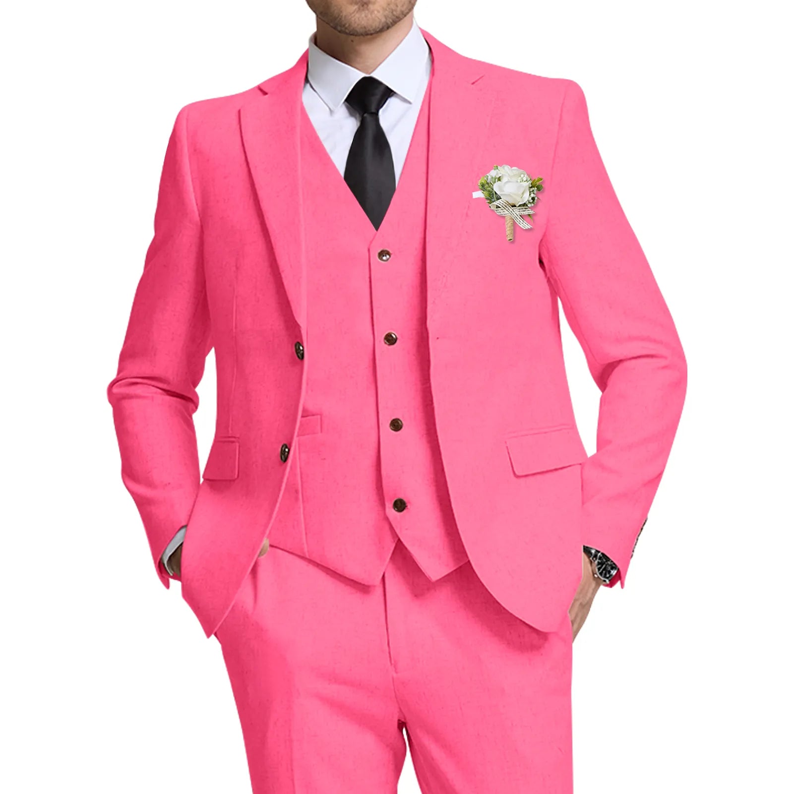 Wehilion® ™ hot pink linen wedding suit for men – front view with blazer, vest, and pants