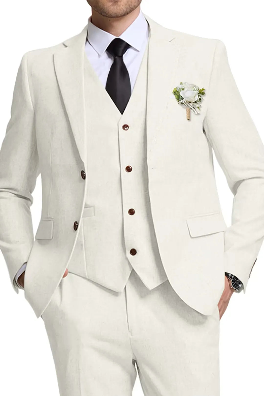 Ivory Linen 3 Piece Wedding Suit for Men – Slim Fit Blazer, Vest & Pants – Wehilion® ™