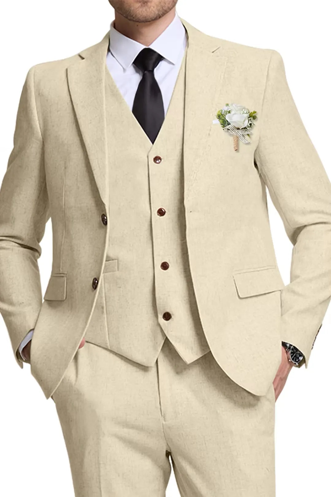 Light Champagne Linen 3 Piece Wedding Suit for Men – Slim Fit Blazer, Vest & Pants – Wehilion® ™