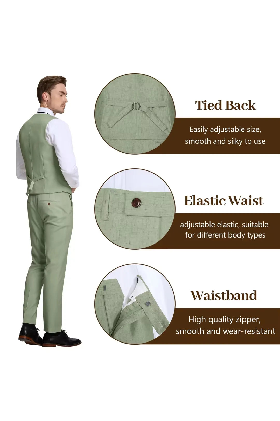 Light Green Linen Suit Back Details – Adjustable Vest Strap, Elastic Waist, and Durable Waistband – Wehilion® ™