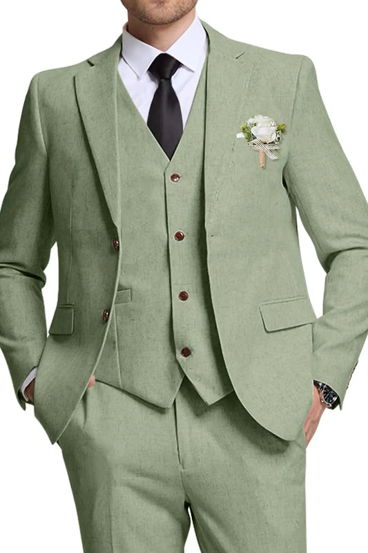 Light Green Linen 3 Piece Wedding Suit for Men – Casual Slim Fit with Floral Lapel Pin – Wehilion® ™
