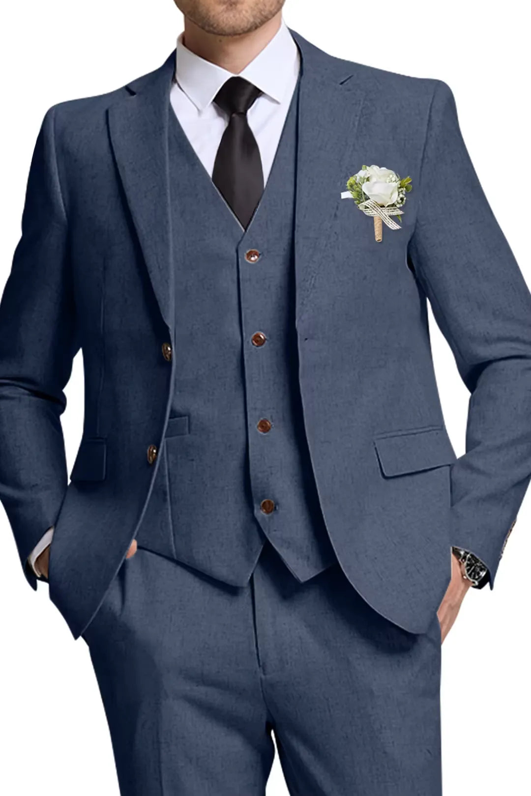 Navy Blue Linen 3 Piece Wedding Suit for Men – Slim Fit Blazer, Vest & Pants – Wehilion® ™