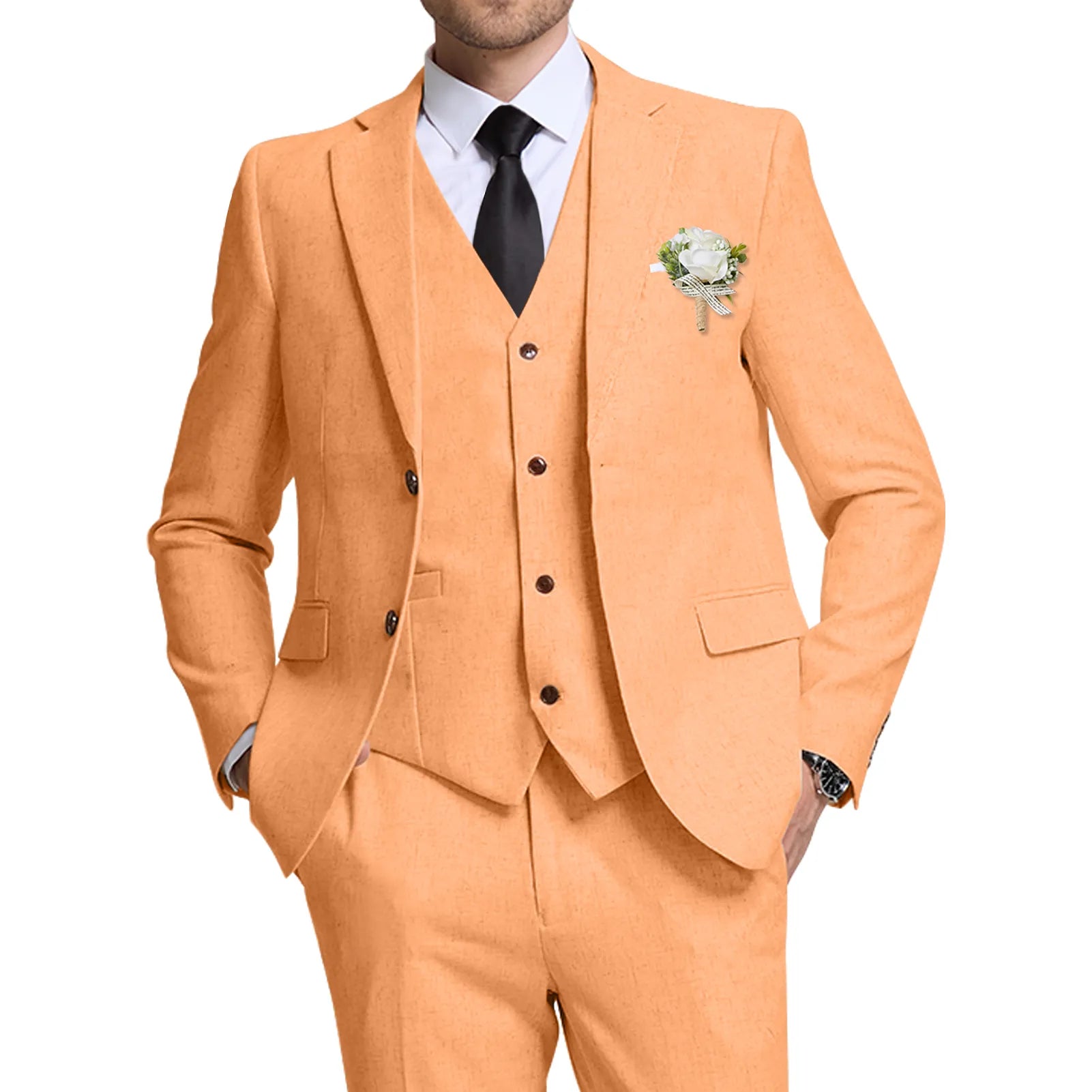 Wehilion® ™ orange 3 piece summer suit for men – close-up of breathable linen fabric and floral boutonniere