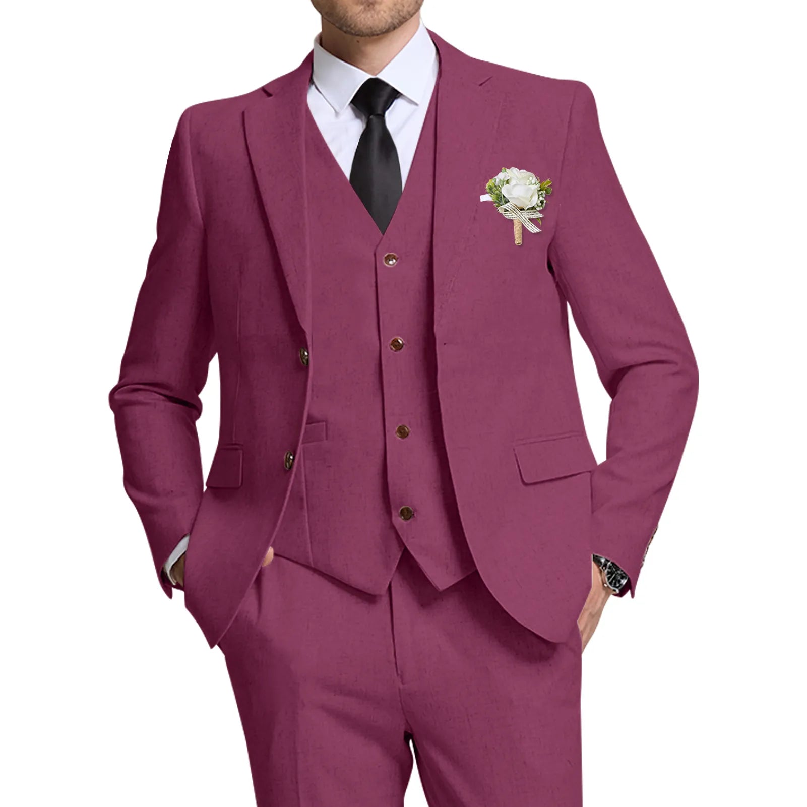 Wehilion® ™ orchid linen wedding suit for men – front view with blazer, vest, and pants