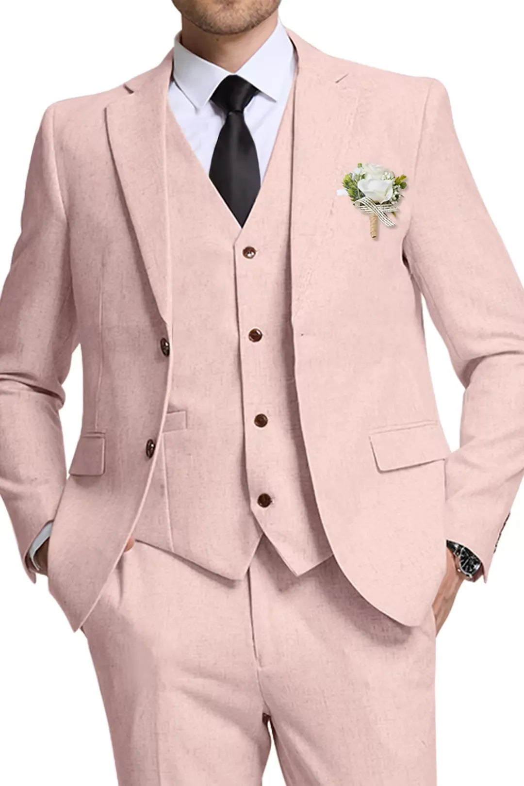 Pink Linen 3 Piece Wedding Suit for Men – Slim Fit Blazer, Vest & Pants – Wehilion® ™