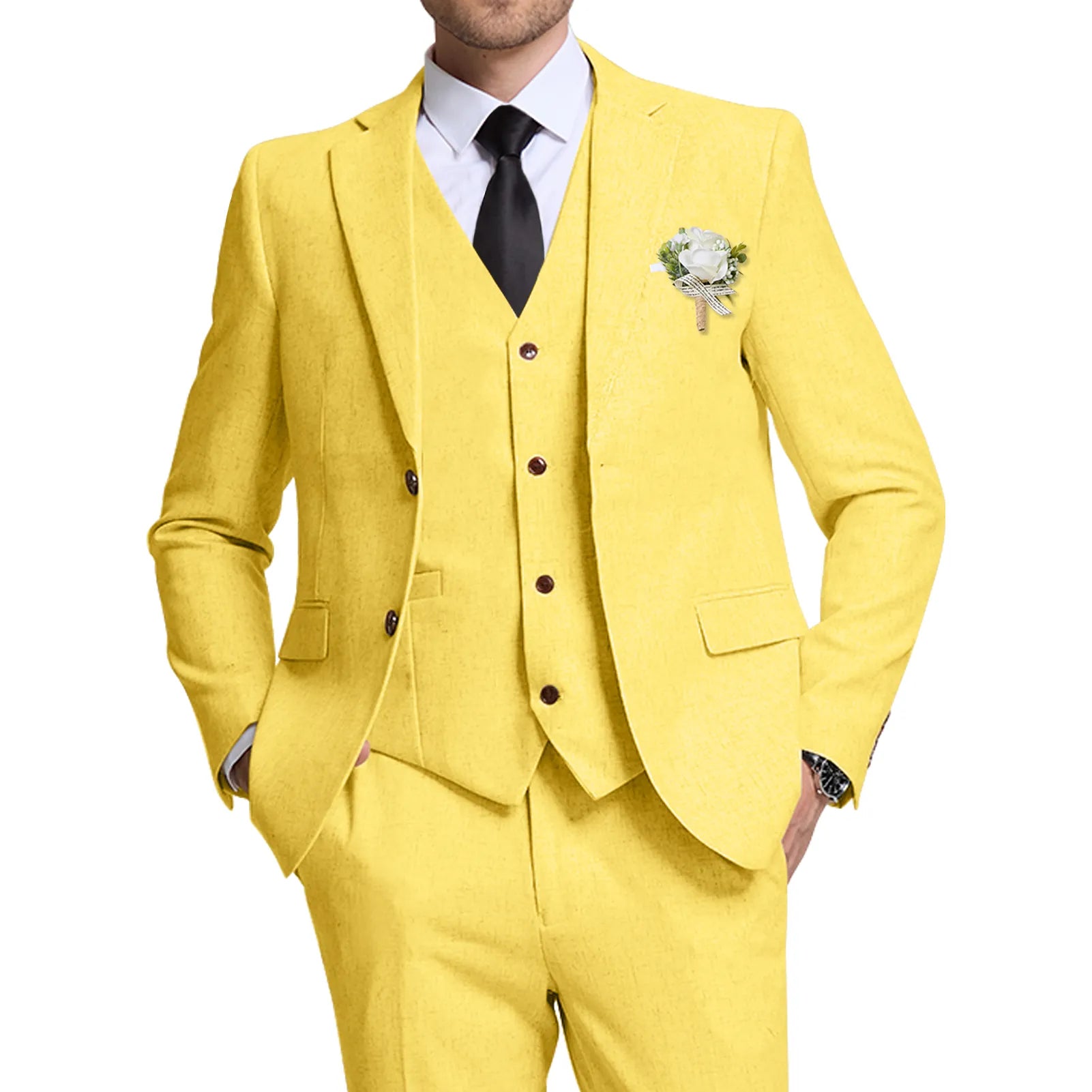 Wehilion® ™ yellow linen wedding suit for men – front view with blazer, vest, and pants
