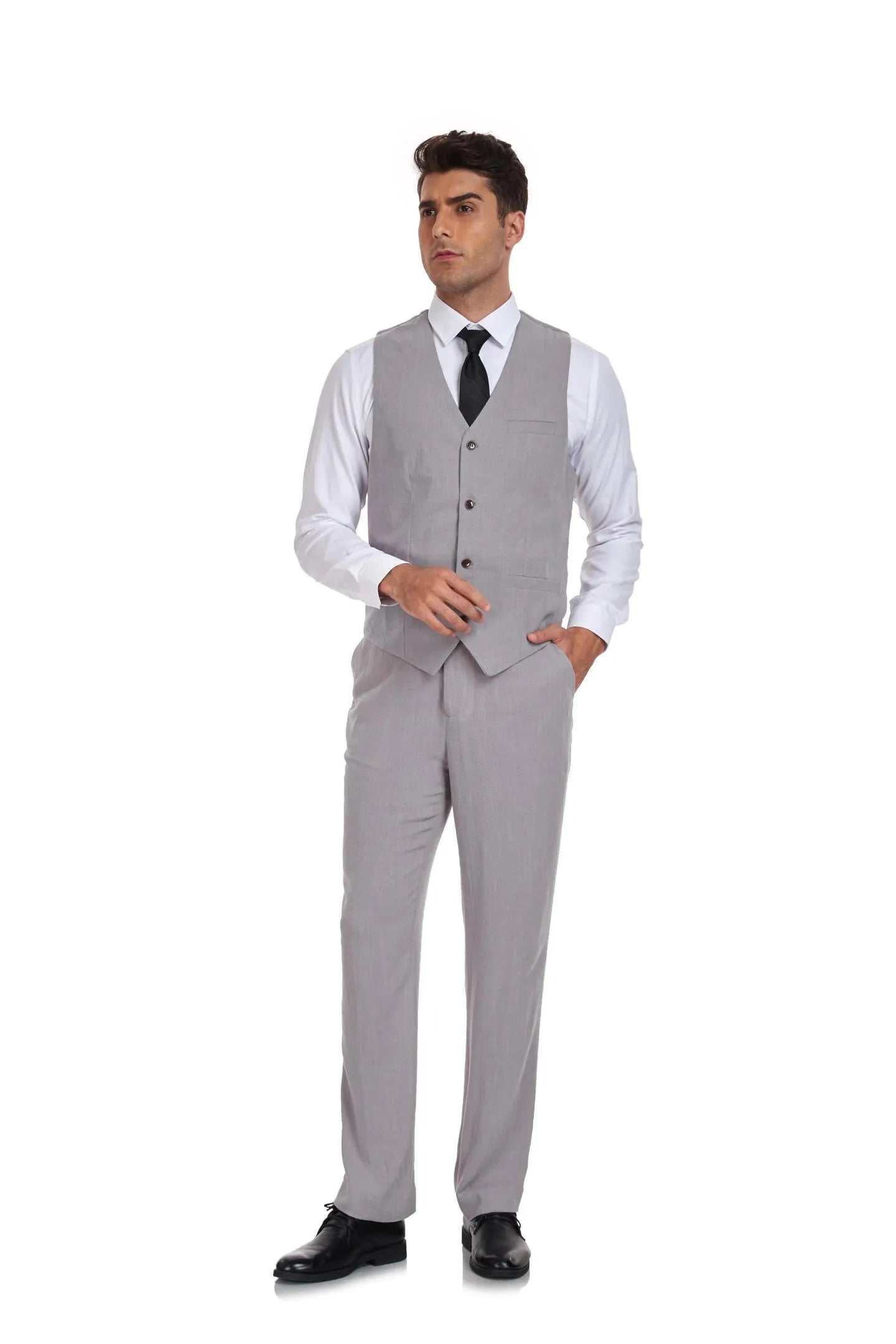 Light grey linen vest and pants set – men's slim fit wedding suit style, part of 3 piece retro beach suit for grooms and prom wear.