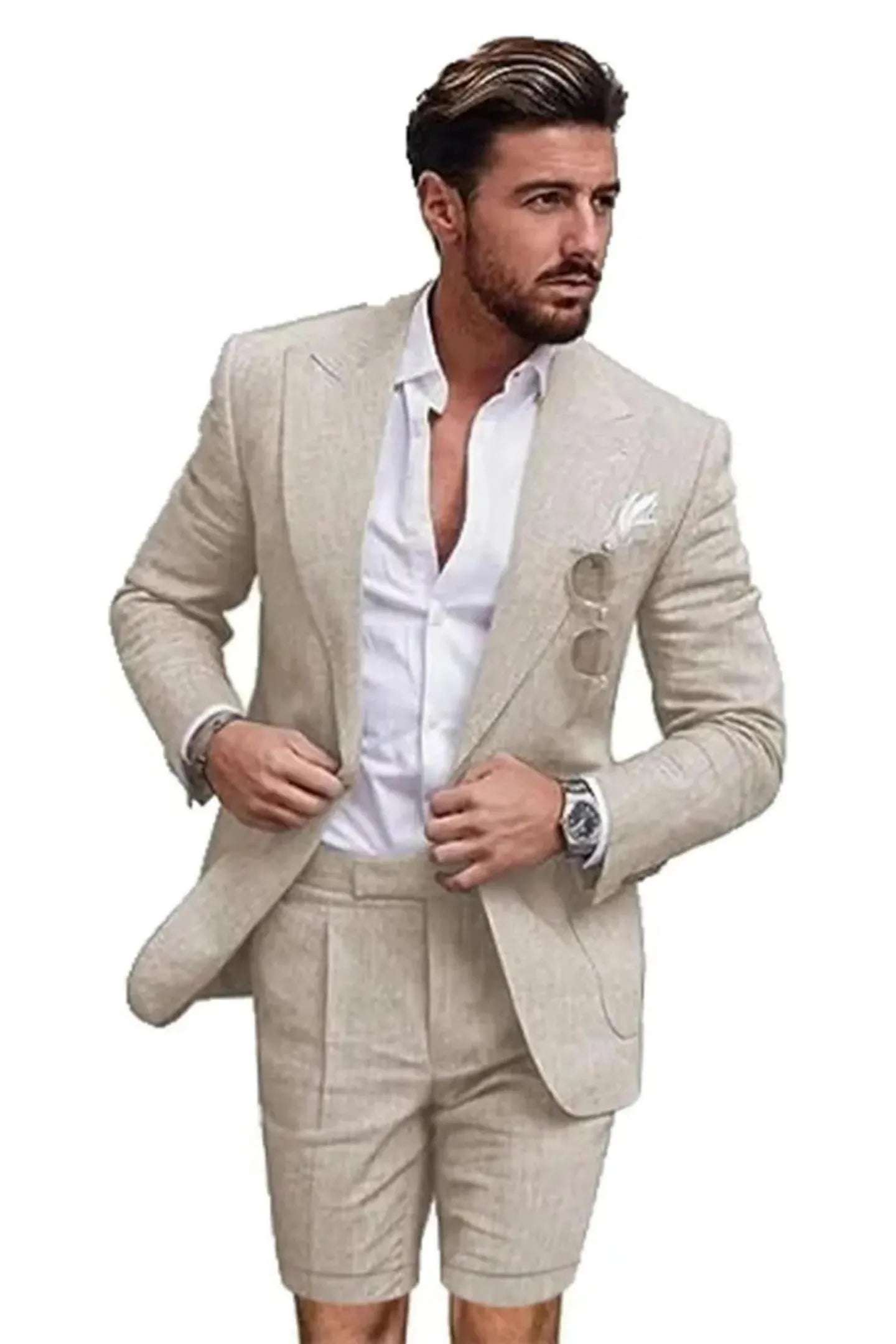 Close-up of beige linen slim fit 2 piece short suit – peaked lapel blazer with shorts and white shirt, summer outfit for men.