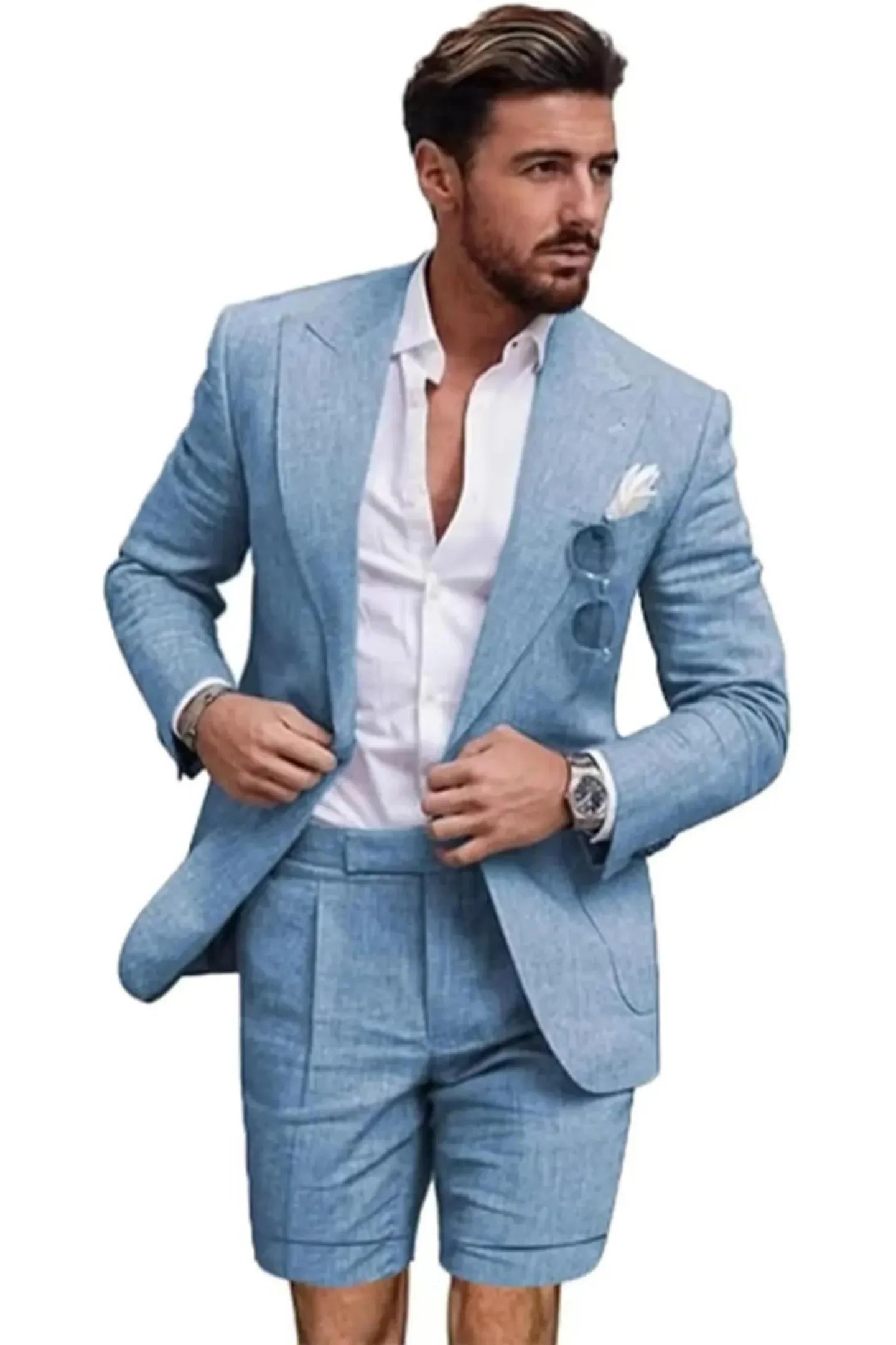 Front view of man in blue linen 2 piece short suit – slim fit peaked lapel blazer with shorts and white shirt for summer.