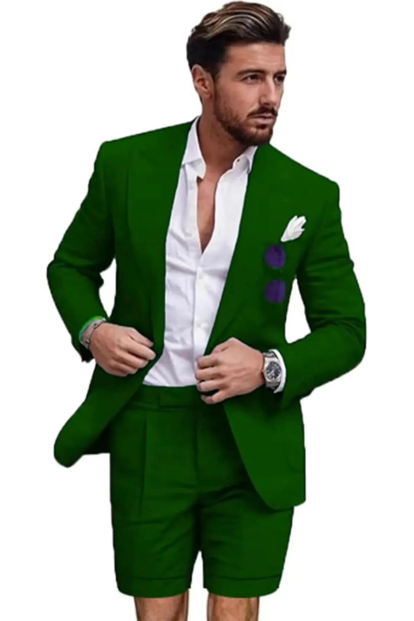 Front view of man in dark green linen 2 piece short suit – slim fit peaked lapel blazer with shorts and white shirt for summer.