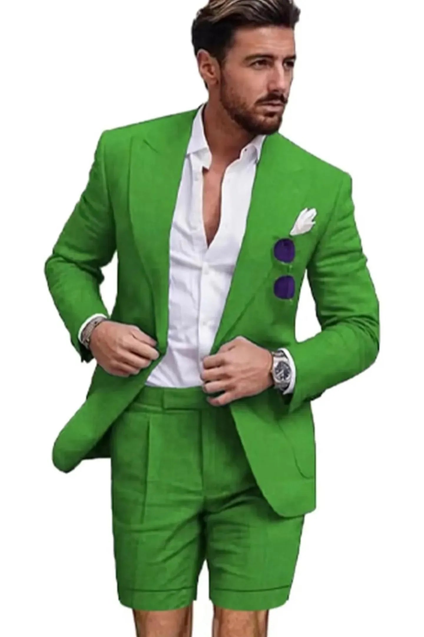 Front view of man in green linen 2 piece short suit – slim fit peaked lapel blazer with shorts and white shirt for summer.
