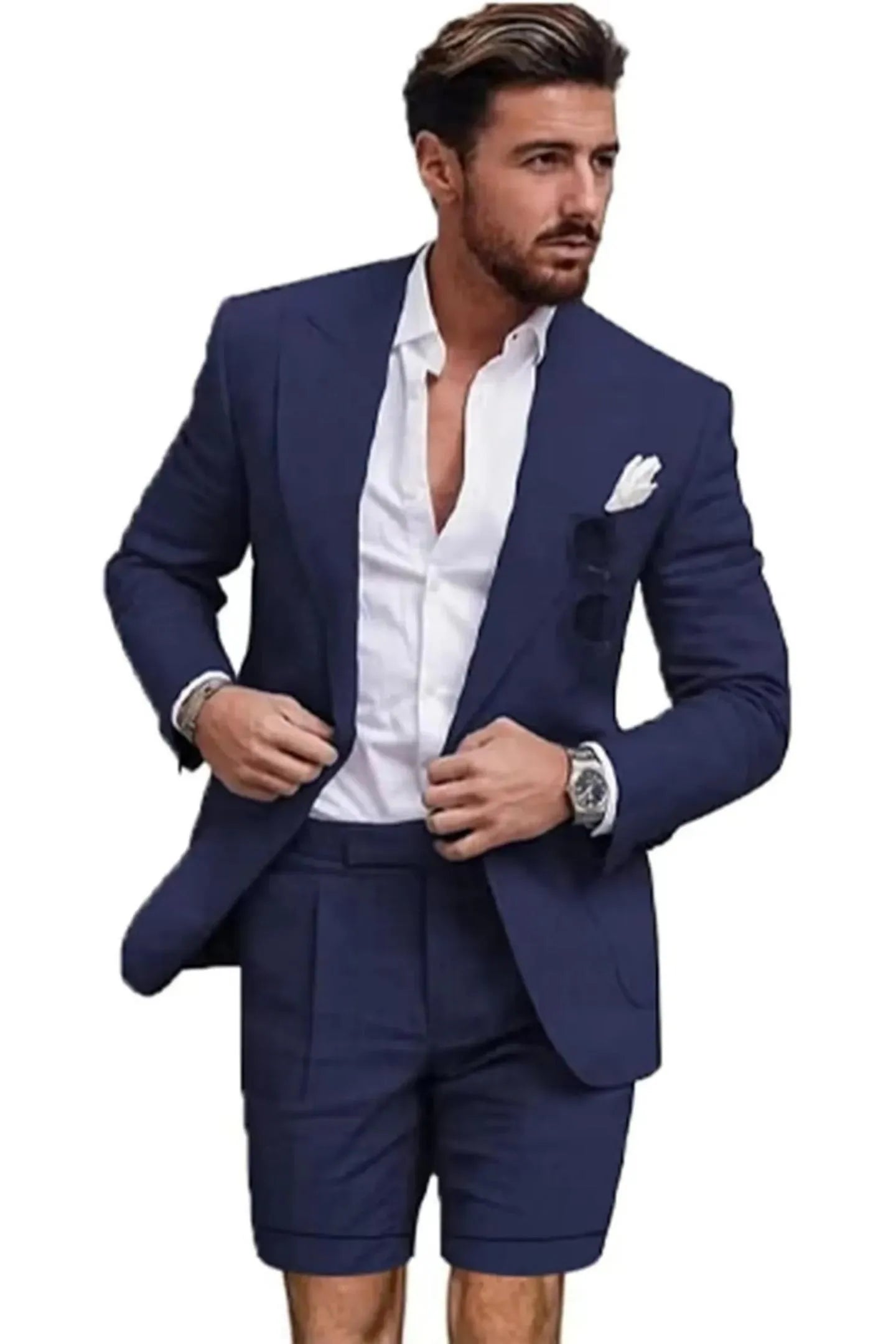 Close-up of navy linen slim fit 2 piece short suit – peaked lapel blazer with shorts and white shirt, summer outfit for men.