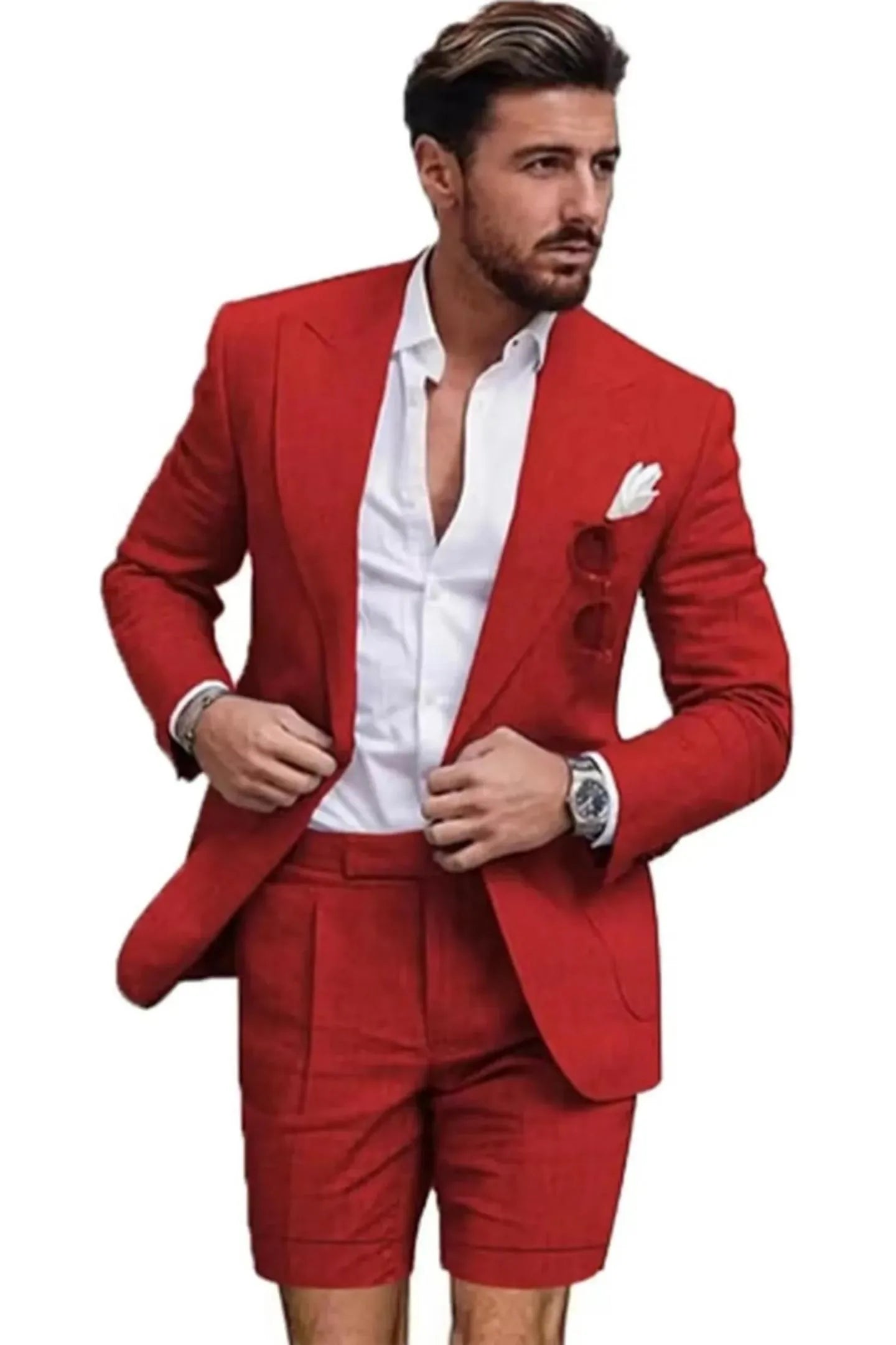 Close-up of red linen slim fit 2 piece short suit – peaked lapel blazer with shorts and white shirt, summer outfit for men.