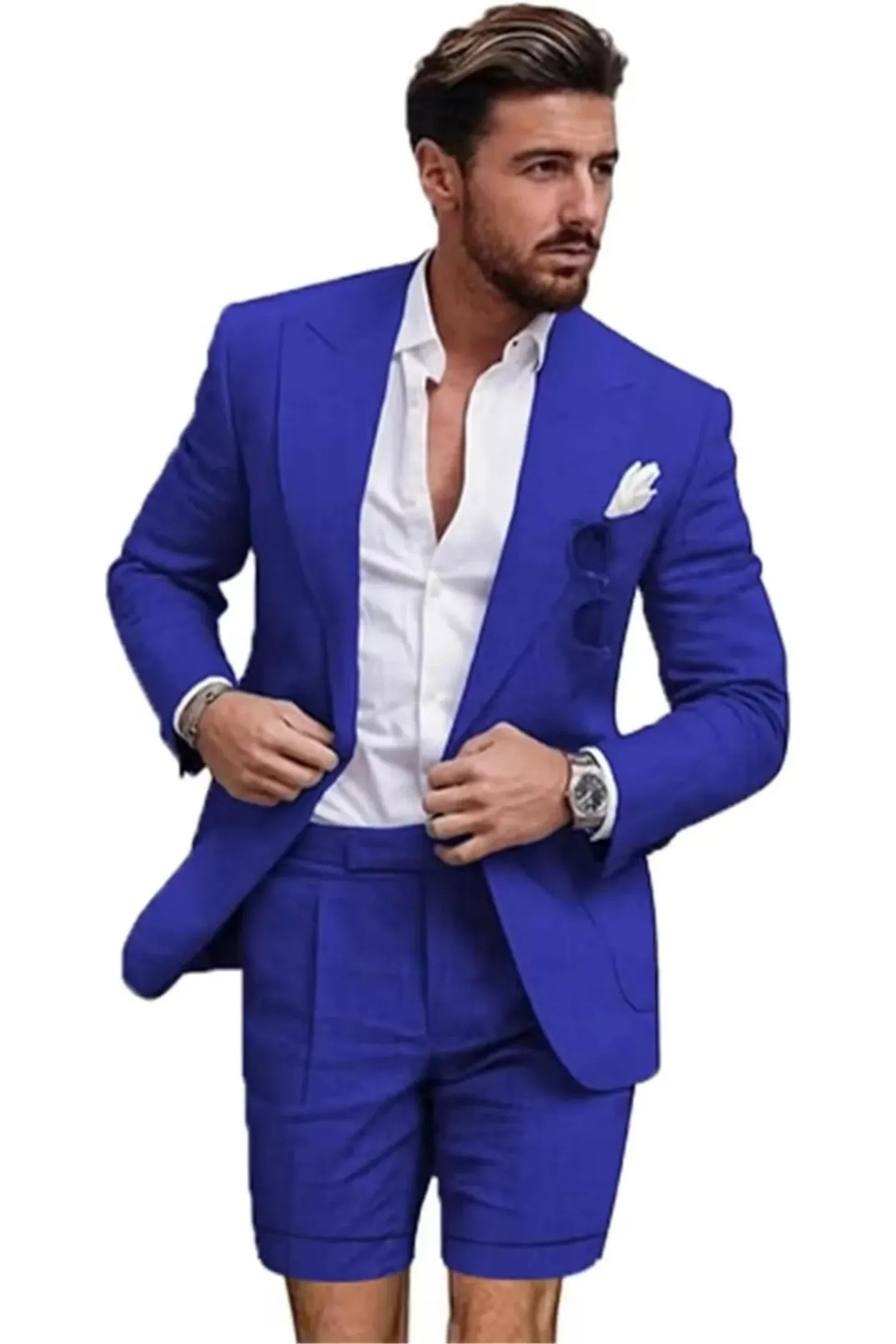 Front view of man in royal blue linen 2 piece short suit – slim fit peaked lapel blazer with shorts and white shirt for summer.