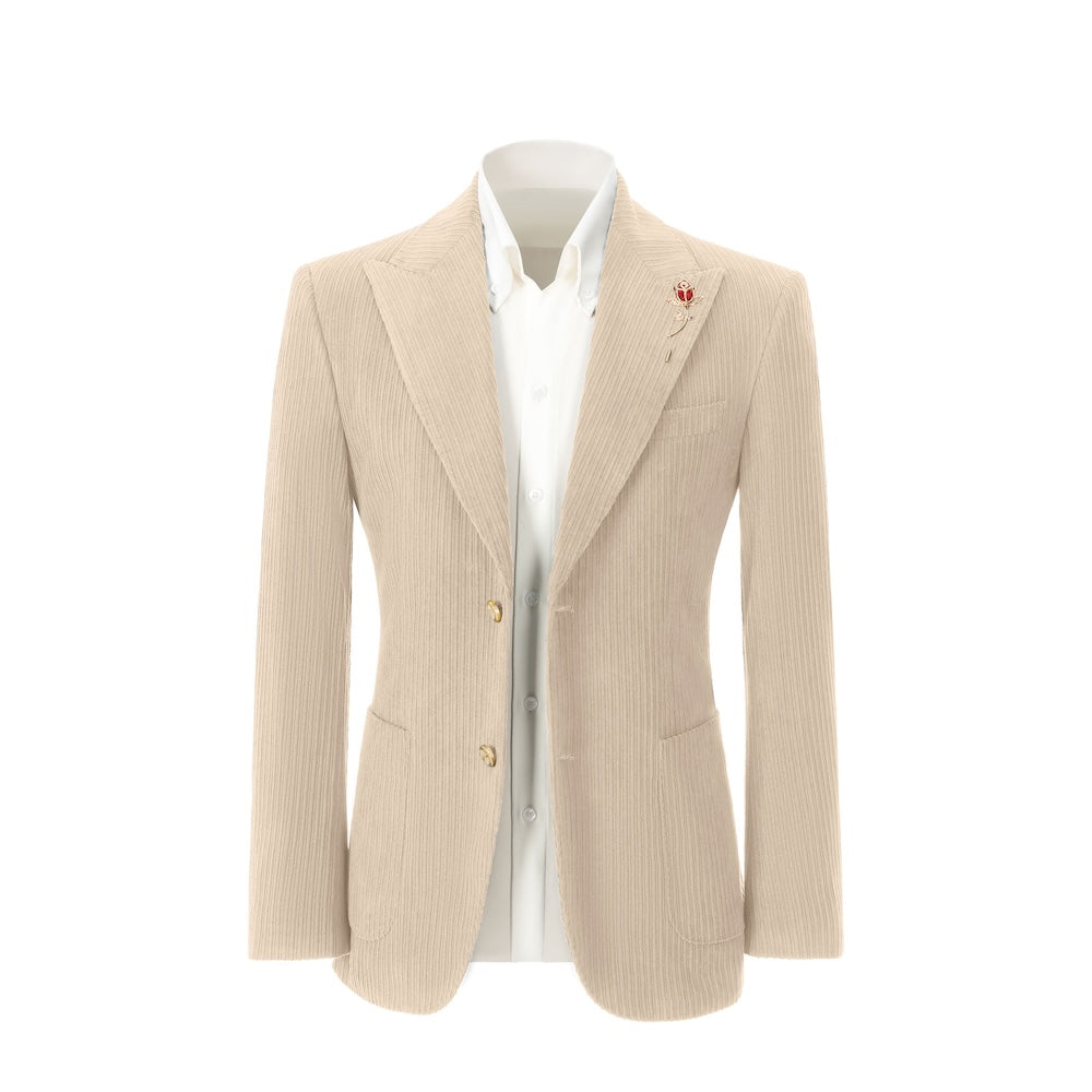 Men's beige corduroy blazer front view – double breasted winter 2 piece suit
