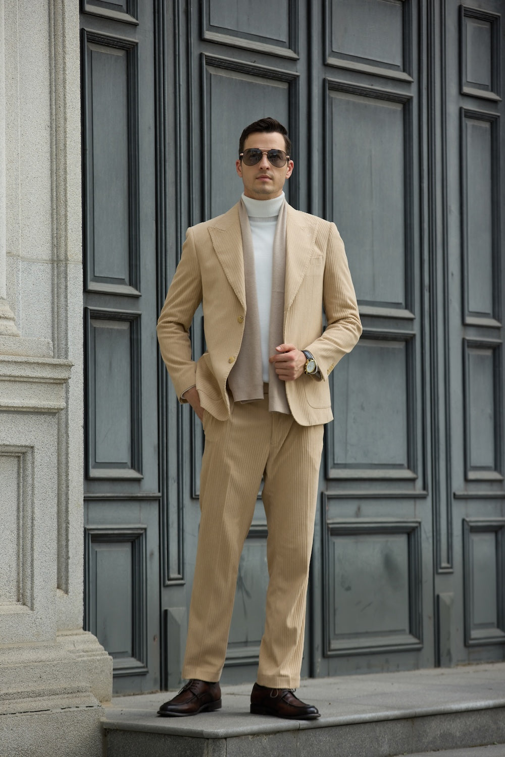 Full front view of men's beige corduroy suit – winter 2 piece set with tailored blazer and pants