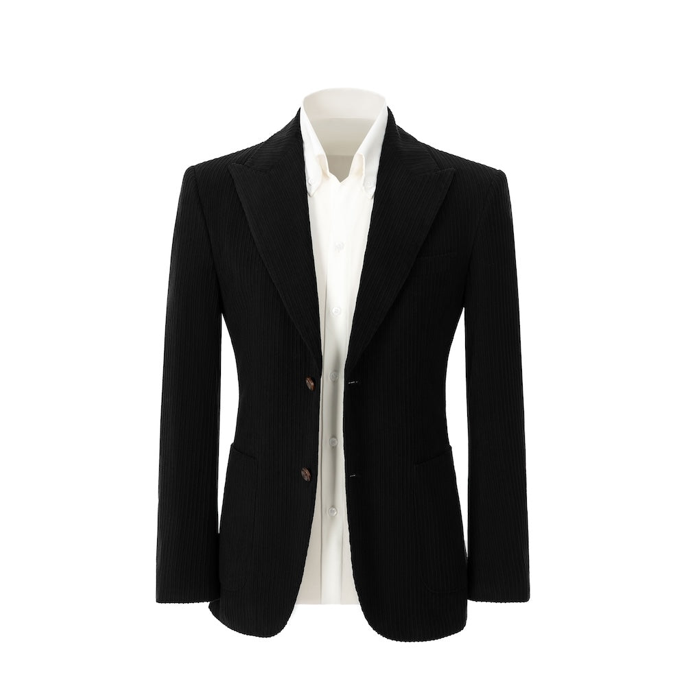 Men's black corduroy blazer front view – double breasted winter 2 piece suit