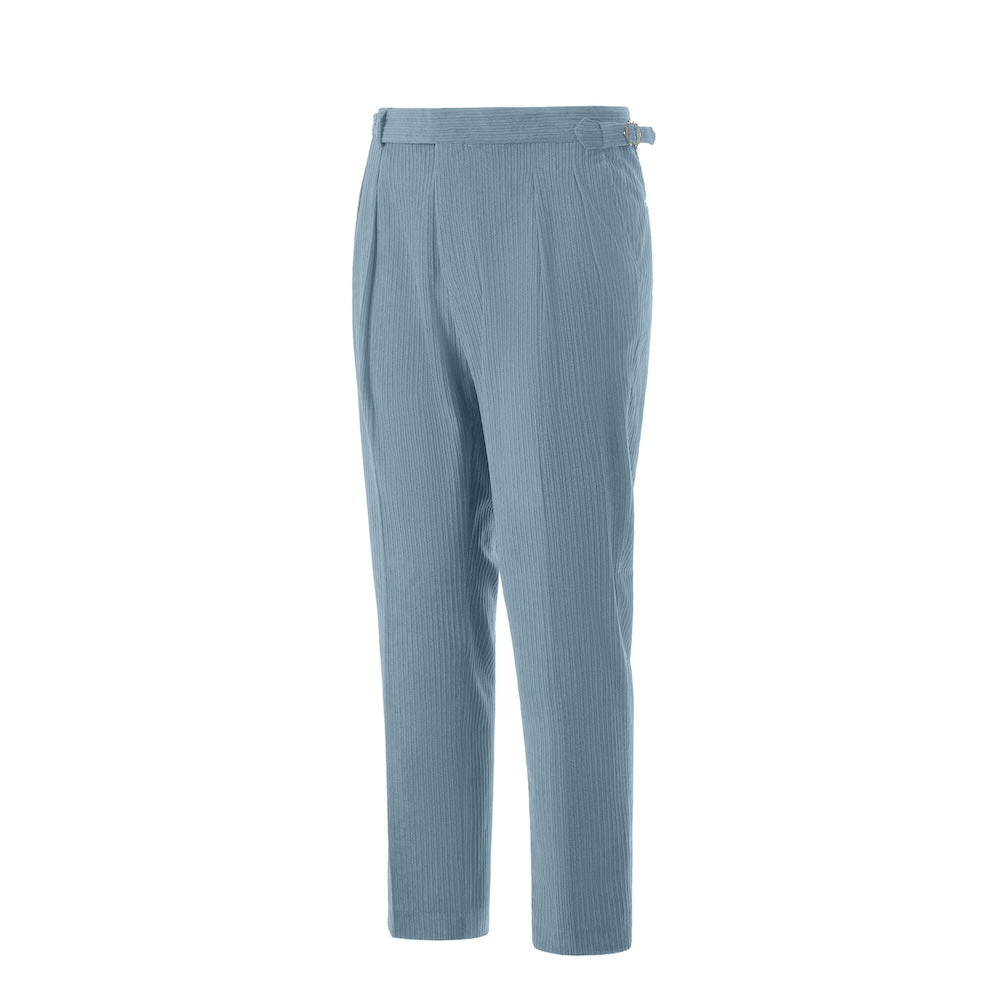 Side view of blue corduroy pants – tailored leg and winter style finish