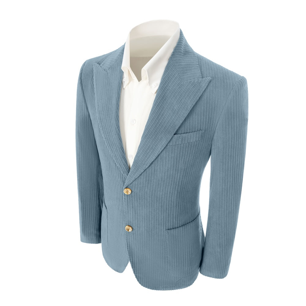 Left side of men's blue corduroy blazer – classic peak lapel and tailored fit