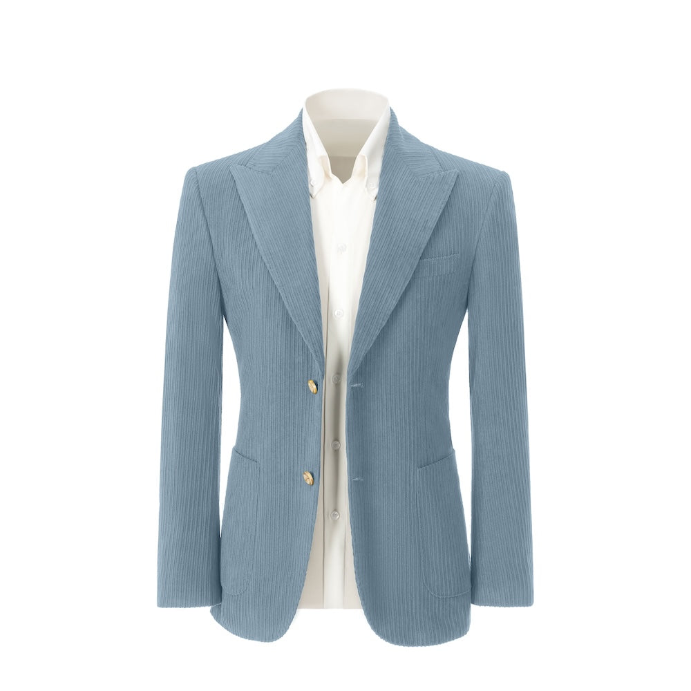 Men's blue corduroy blazer front view – double breasted winter 2 piece suit