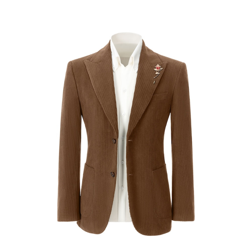 Men's brown corduroy blazer front view – double breasted winter 2 piece suit