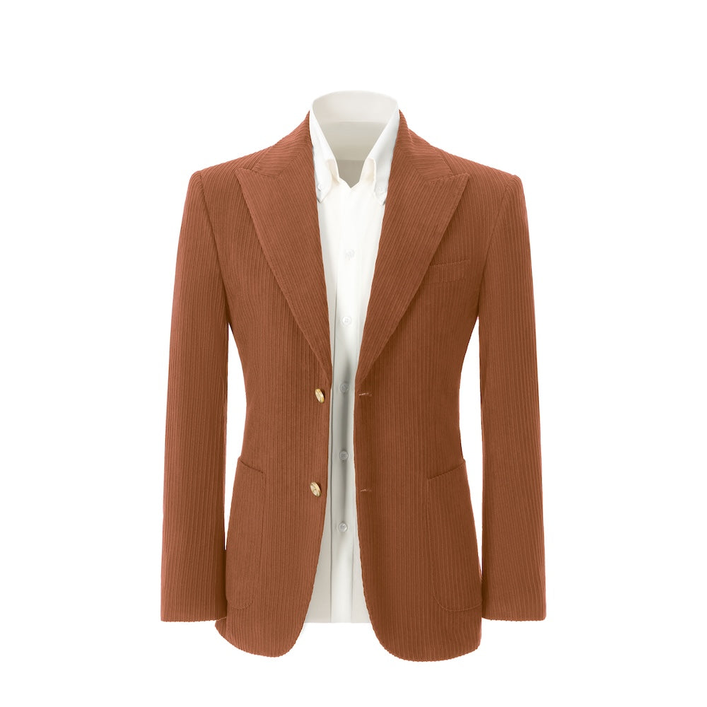 Men's caramel corduroy blazer front view – double breasted winter 2 piece suit