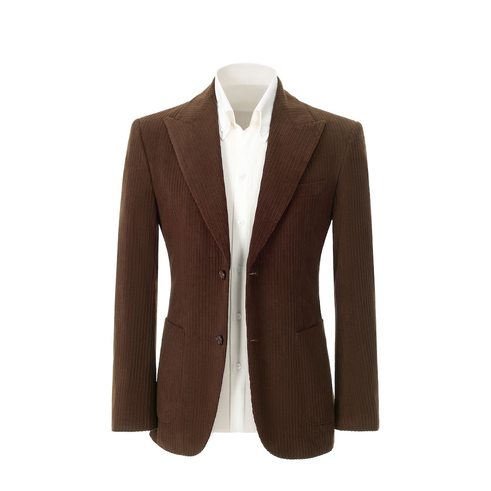 Men's coffee corduroy blazer front view – double breasted winter 2 piece suit